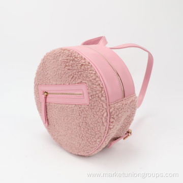 Cute Pink Cylinder Wool Winter Lambs PU Sherpa Soft Backpack Lady Girl Rabbit Tote Bag